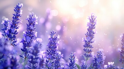 Fototapeta premium Vibrant purple lavender flowers bathed in soft sunlight, bokeh background, dreamy atmosphere, peaceful scene