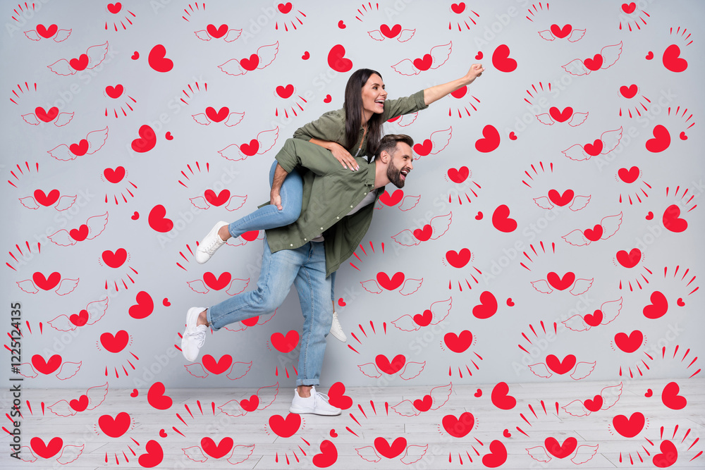 Poster full size profile side photo of young cheerful couple have fun walk strong look empty space isolated