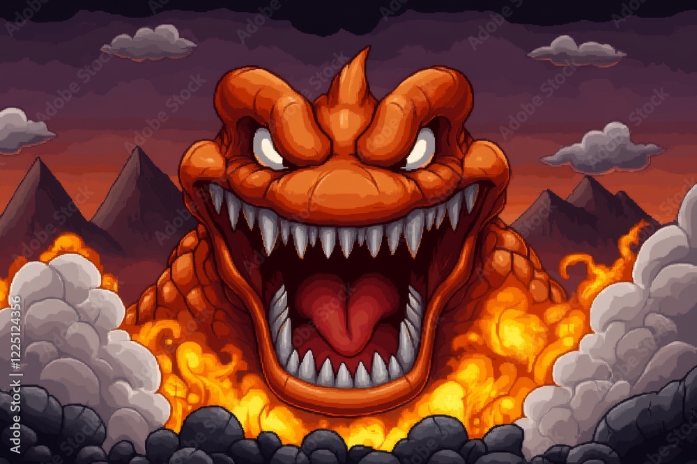 Poster A pixel art scene of a character with a fiery aura, surrounded by animated flames and an exaggerated angry face, set in a retro game environment