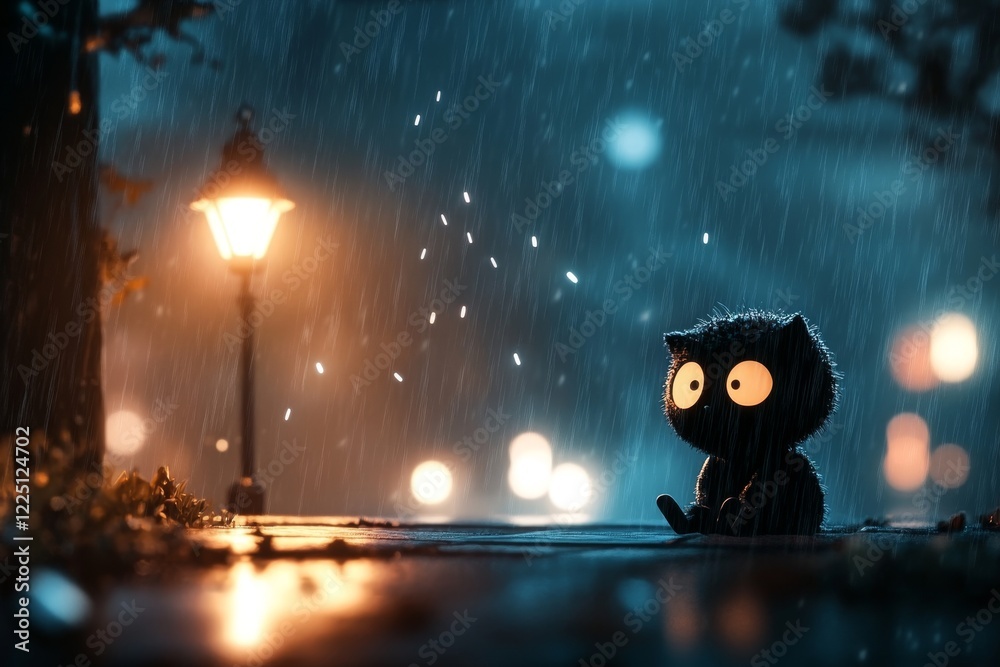Poster A pixel art scene of a small, lone character sitting under a streetlamp in the rain, their tiny figure emphasizing solitude as animated raindrops fall around them