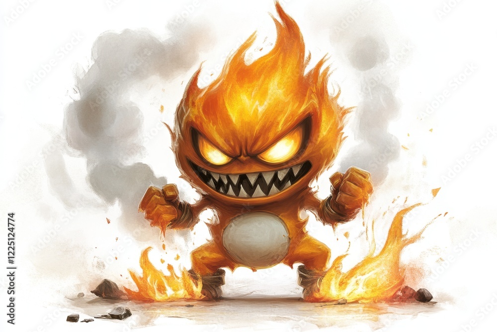 Poster a playful 2d depiction of a cartoonish fireball character with an angry face, surrounded by smoke an