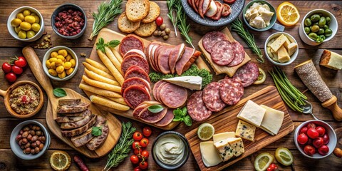 Fototapeta premium Delicious food spread on a long table with various meats and cheeses, bread, meat, bread, meat, grapes, antipasti, wine