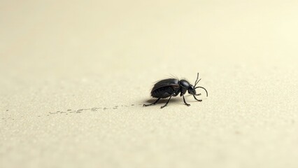 A Tiny Dark Beetle Crawls Across a Light Beige Surface, Leaving a Faint Trail Behind