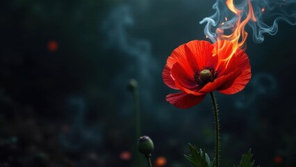 Obraz premium A fiery red poppy blossom, ablaze with ethereal flames, stands majestically amidst a mystical, shadowy garden.