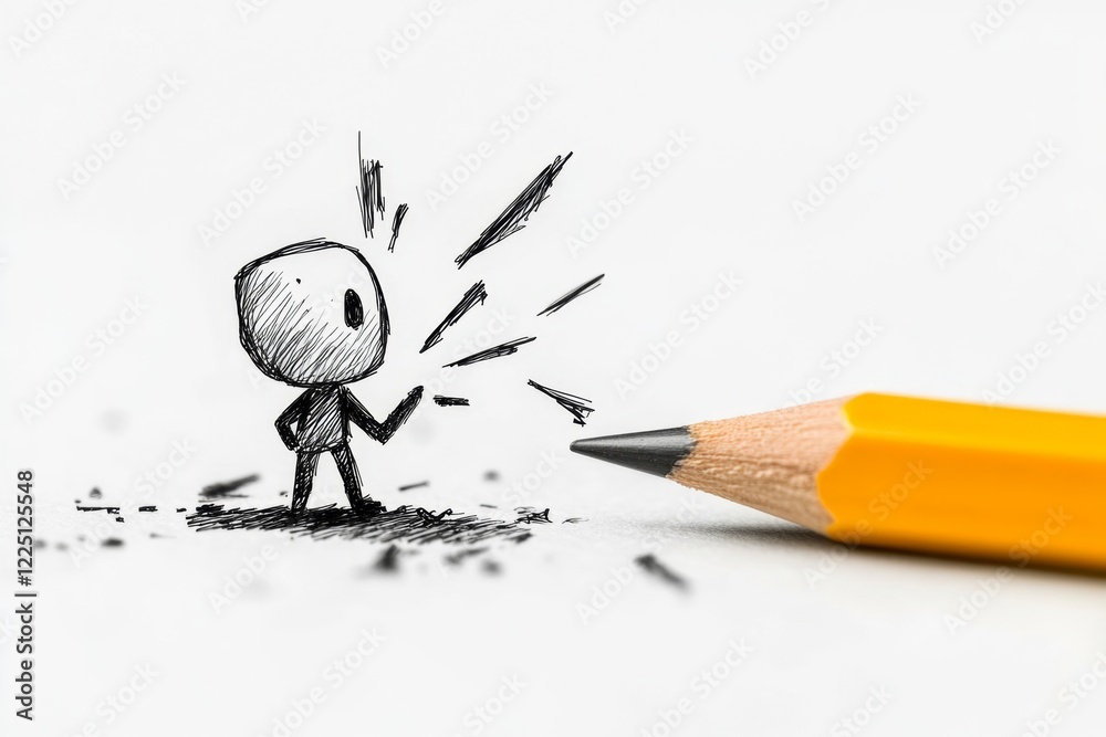 Poster a simple 2d drawing of a person breaking a pencil in half, with jagged motion lines emphasizing thei