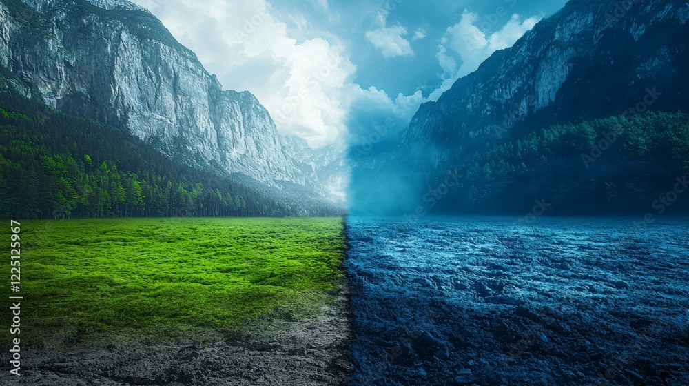 Poster contrast image of thriving green spaces versus barren lands caused by deregulation stock photo with 