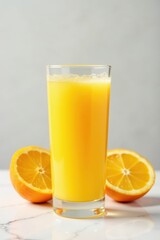 Full glass of freshly squeezed orange juice, clean white backdrop , liquid, natural, bright