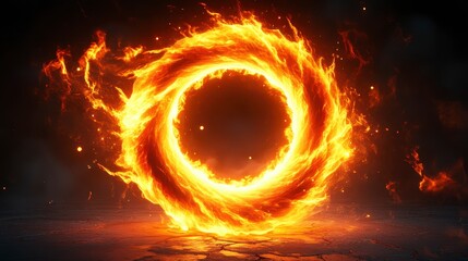 Fototapeta premium Fiery orange and yellow ring of fire swirls on a dark background, glowing intensely with sparks and embers. Dramatic lighting creates a mystical