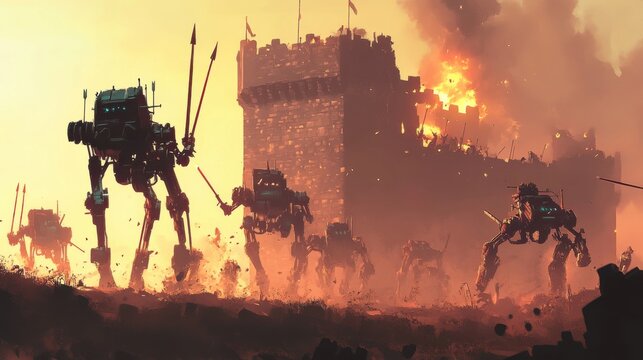 Robots are riding on horses towards a castle. On the bastions of the castle, some robots are trying to protect the castle by taking cover with arrows. There are robots hit by arrows shot from above. 