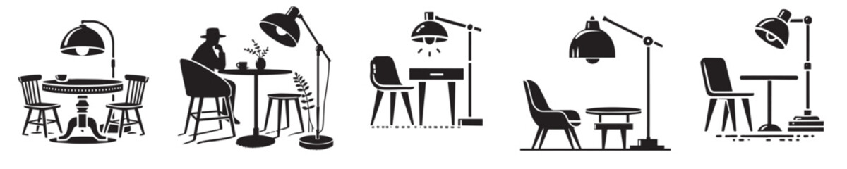 Collection of vector silhouettes of study desk set ups