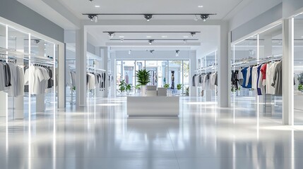 Modern clothing store with white walls and bright lighting showcasing apparel on racks and shelves