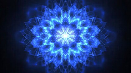 Fototapeta premium Glowing blue fractal flower on a dark background. Intricate symmetrical design with radiating light. Bright, ethereal, and mystical aesthetic