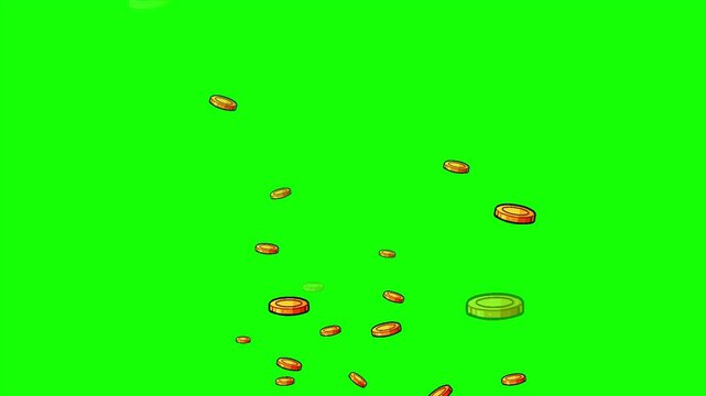 Floating golden coins pixel animation on green screen, Retro 8 bit game style, chroma key motion animated graphic background 