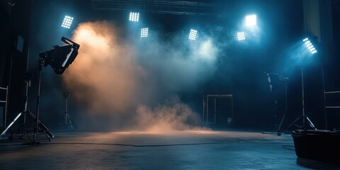 A dramatic scene featuring stage lighting and fog, ideal for use in promotional materials for events, concerts, or theatrical productions.