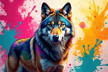 Naklejka premium A Vibrant Wolf Portrait Against a Splashy Abstract Background Featuring Bold Colors and Dynamic Brushstrokes