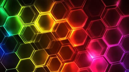 Obraz premium Abstract background with glowing rainbow hexagons. Dark background with vibrant multicolored hexagonal pattern. Hexagons feature bright neon lights