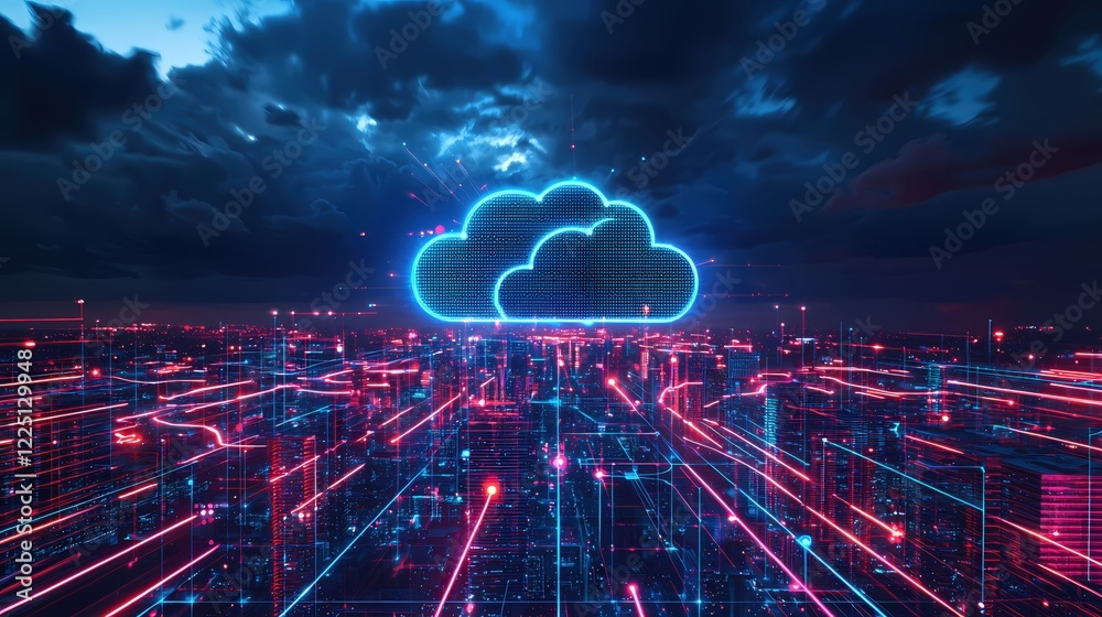 Poster Futuristic Cityscape Cloud Computing Network Digital Data