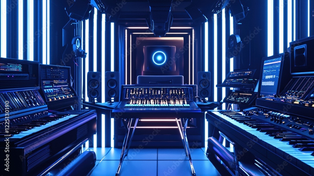 Aufkleber neon lit music studio with multiple keyboards and sound equipment in a futuristic setting