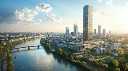 Fototapeta premium Aerial panoramic view of Frankfurt city with iconic skyscrapers and the Main River under a sunny sky