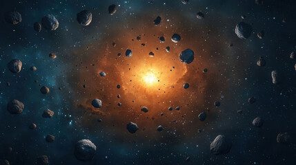 glowing star surrounded by numerous asteroids in deep space, creating cosmic scene
