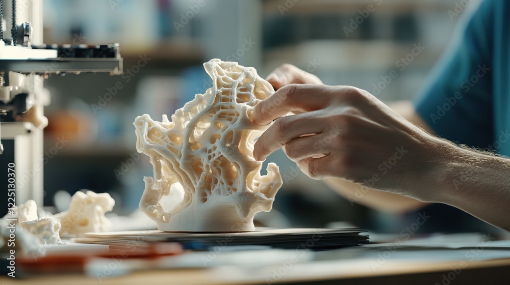 Poster Hands hold intricate white object created by a three dimensional printer on a table