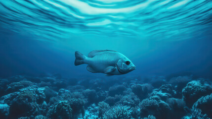 Fototapeta premium fish swims gracefully above vibrant coral reef in clear blue ocean