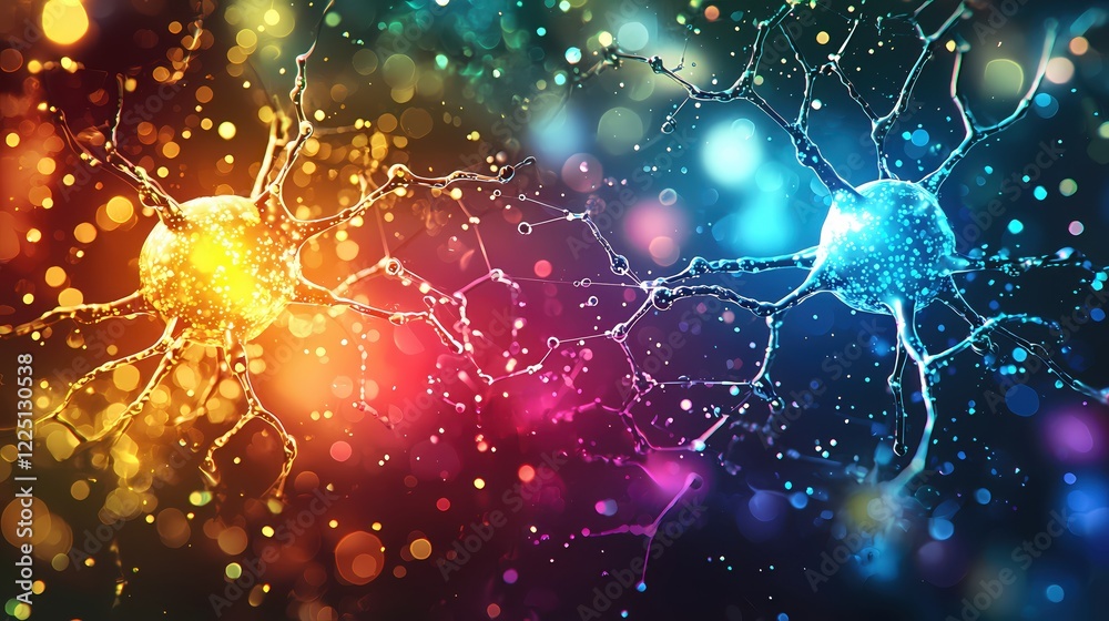 Poster Abstract Neurons Connecting With Colorful Bokeh Light Background Science Concept