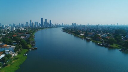 Aerial view of Bangkok skyline with skyscrapers and the Chao Phraya River under a clear blue sky