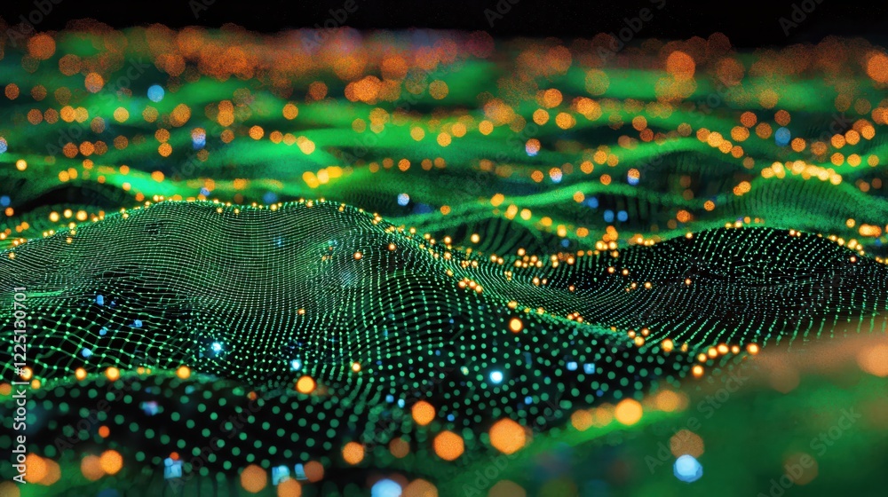 Poster Abstract digital landscape with glowing points and bokeh effect on a dark background