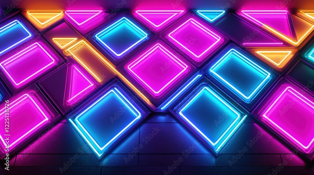Poster neon geometric shapes in pink blue and yellow on a dark background creating a vibrant pattern