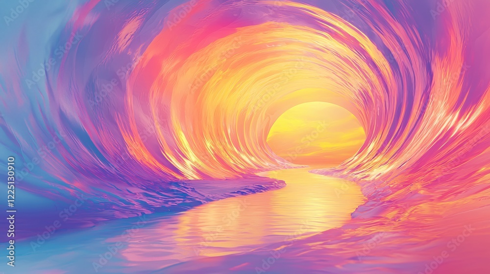 Poster abstract flowing water tunnel with vibrant colors and sunset light at the end of the path