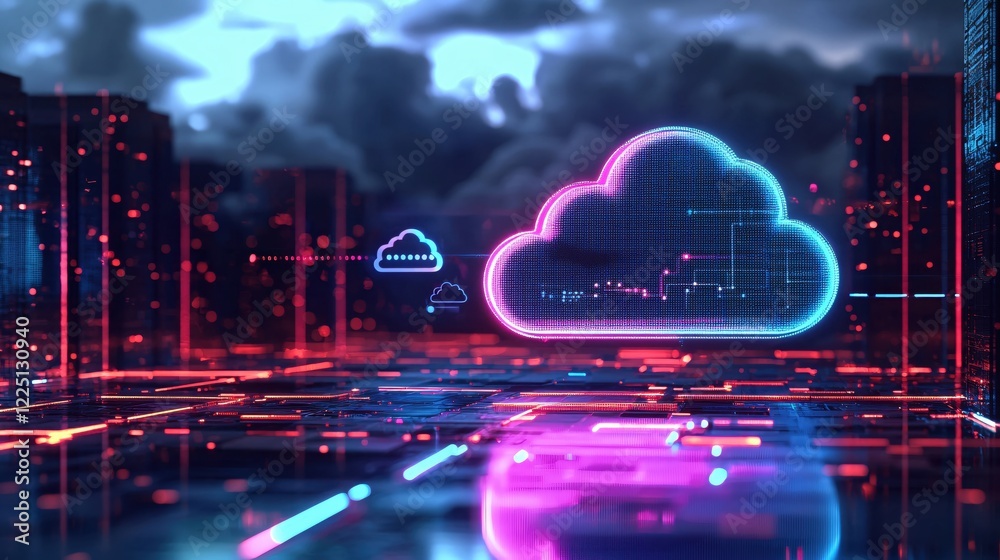 Poster digital cloud network with neon lights on a dark city background in a futuristic style