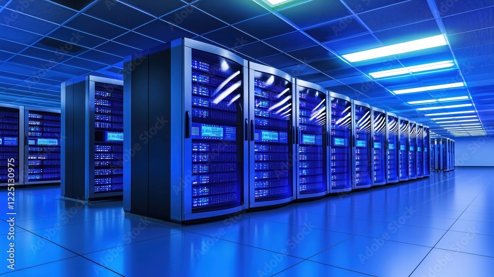 Poster data center with server racks and blue lighting in a modern technology environment