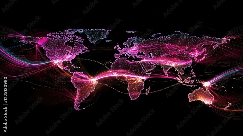 Aufkleber Global network connection map with glowing lines and dots on a dark background
