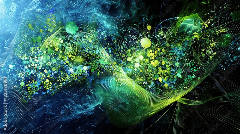 Poster abstract fractal art with green and blue hues featuring geometric shapes and flowing lines
