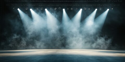 A dramatic stage setting with bright lights and smoke, perfect for promoting events, concerts, or theatrical performances.