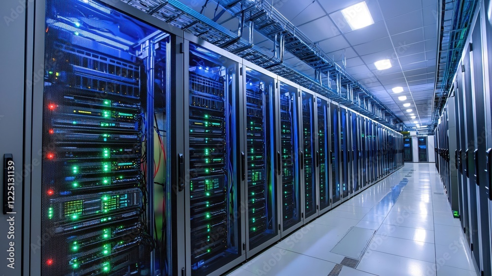 Aufkleber Rows of Server Racks in a Data Center with Glowing Lights and Cables Running Overhead