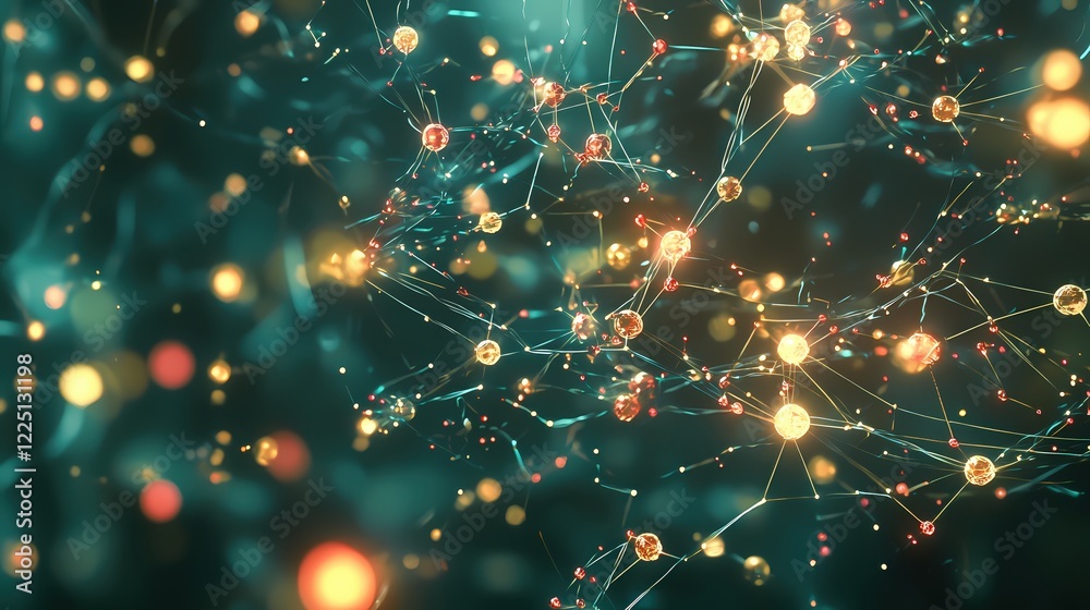 Poster abstract network connections glowing particles deep teal background