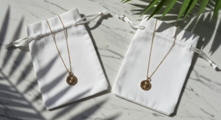 Two white drawstring pouches on a marble surface, each holding a delicate gold necklace with a round pendant