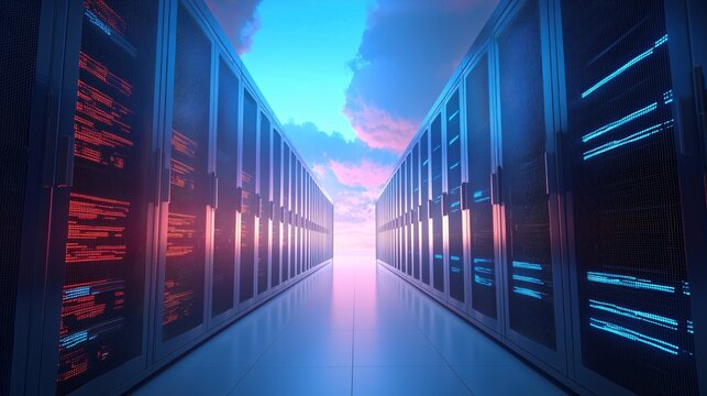 Server racks with glowing lights against a colorful sky in a futuristic data center environment