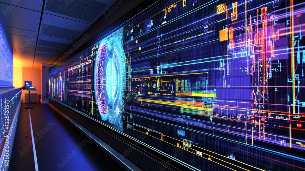 Aufkleber futuristic corridor with glowing data display and digital brain abstract technology concept