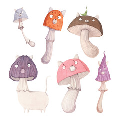 Set of watercolor stylized illustrations of mushrooms with cute faces, ears and paws of cats. Isolated illustrations on a white background. For decor, dishes, textiles and creativity.