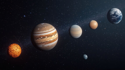 simulation of solar system with planets aligned in space, showcasing their diverse sizes and colors
