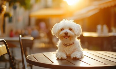 Fluffy White Dog Enjoying Sunny Day at Outdoor Restaurant Table, Cute Furry Friend Posing Happily, Warm Sunlight Background, Pet-Friendly Dining Ambiance Concept, Generative AI