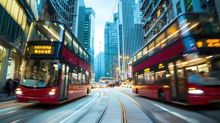 Cityscape Night Traffic Hong Kong Red Buses Urban Transport Motion Blur