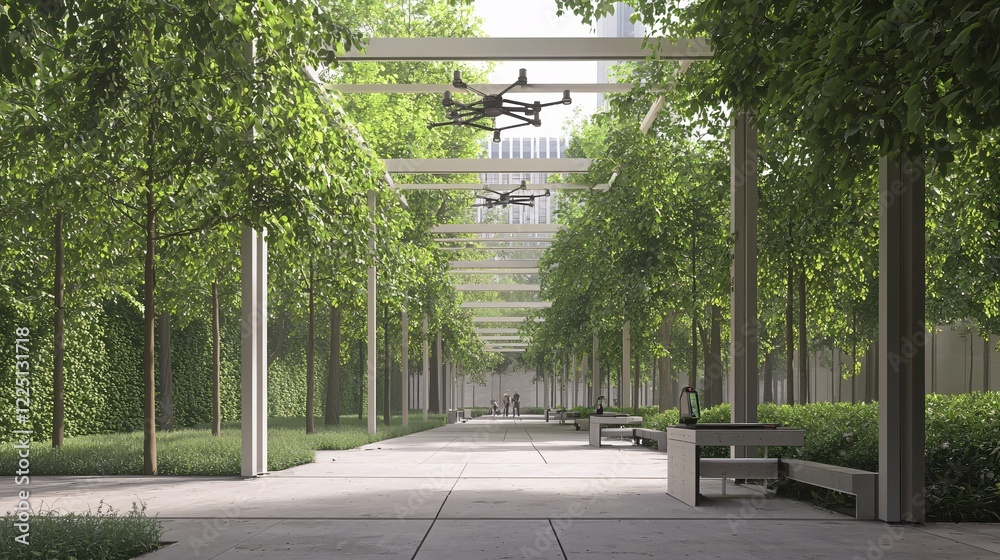 Poster Modern park with drones flying above a pathway lined with trees and seating areas