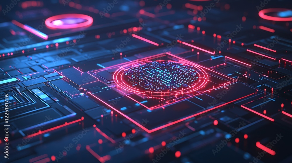 Poster Abstract circuit board with glowing red and blue elements for technology background