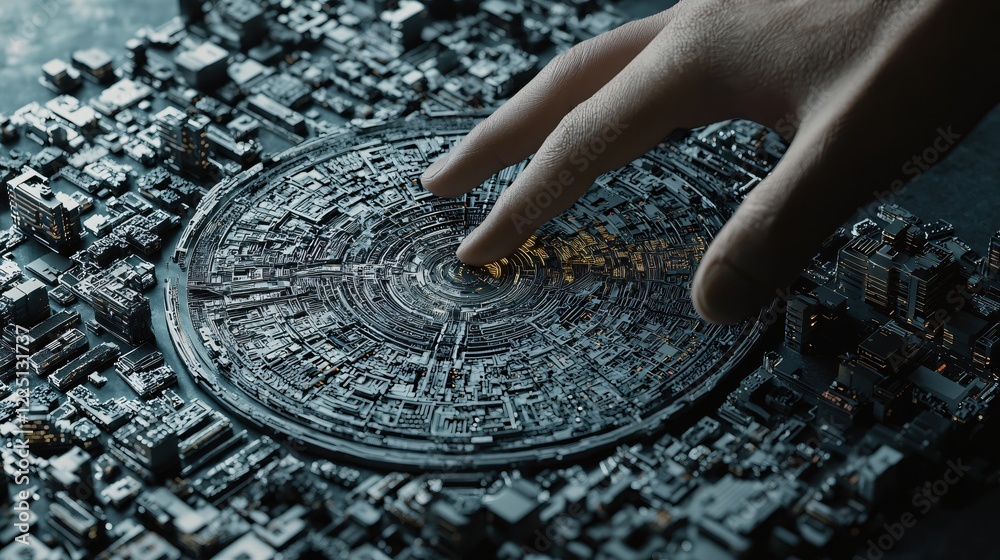 Leinwandbilder hand touching futuristic circular technology with complex circuit board and city like structure