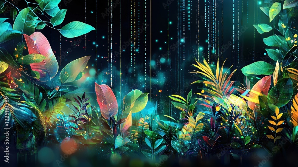 Poster lush foliage and digital rain create a vibrant and modern jungle scene with glowing accents