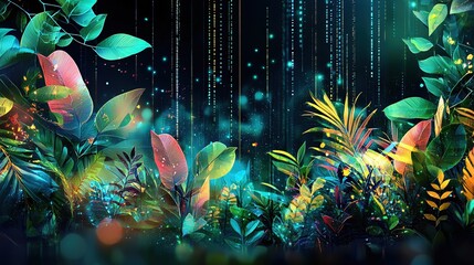 Lush foliage and digital rain create a vibrant and modern jungle scene with glowing accents